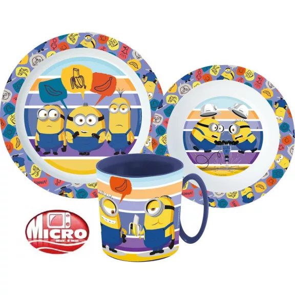 Minyonok Striped étkészlet, micro műanyag szett bögrével 350 ml Minyonok Striped étkészlet, micro műanyag szett bögrével 350 ml
