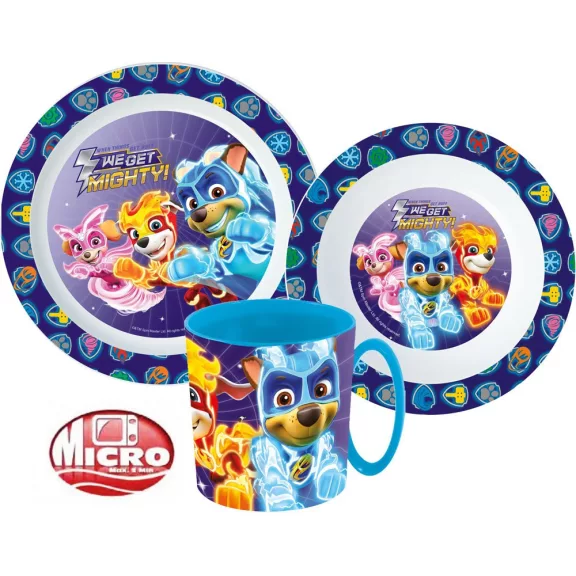 Mancs Őrjárat Mighty Pups étkészlet, micro műanyag szett bögrével 350 ml Mancs Őrjárat Mighty Pups étkészlet, micro műanyag szett bögrével 350 ml