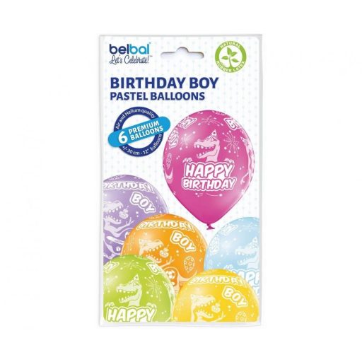 Birthday Boy Dinosaur léggömb, lufi 6 db-os 12 inch (30 cm)