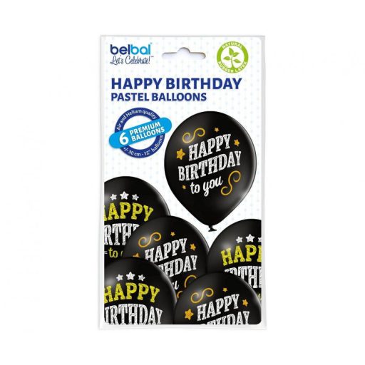 Happy Birthday Black léggömb, lufi 6 db-os 12 inch (30cm)