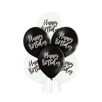   Black White Happy Birthday léggömb, lufi 6 db-os 12 inch (30cm)