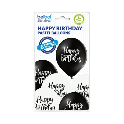 Black White Happy Birthday léggömb, lufi 6 db-os 12 inch (30cm)