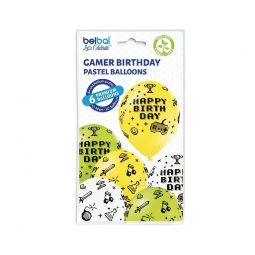 Játék Gamer Birthday léggömb, lufi 6 db-os 12 inch (30cm)