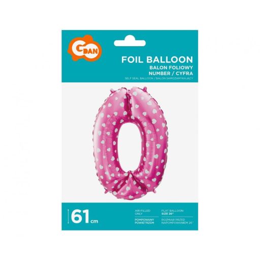 Rózsaszín Pink with Hearts 0-ás szám fólia lufi 61 cm