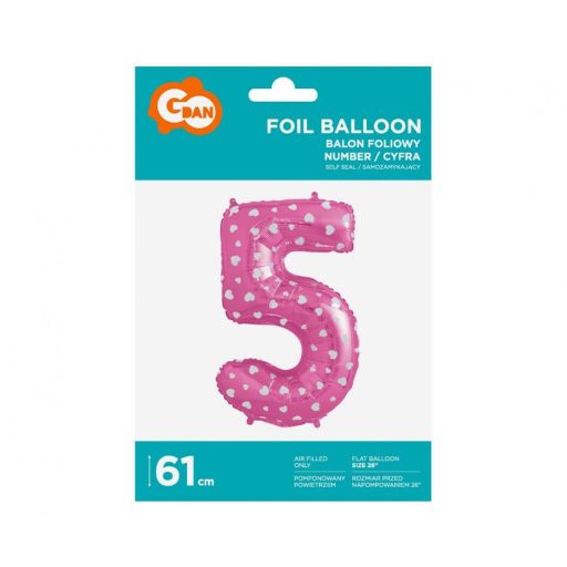 Rózsaszín Pink with Hearts 5-ös szám fólia lufi 61 cm
