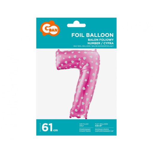 Rózsaszín Pink with Hearts 7-es szám fólia lufi 61 cm