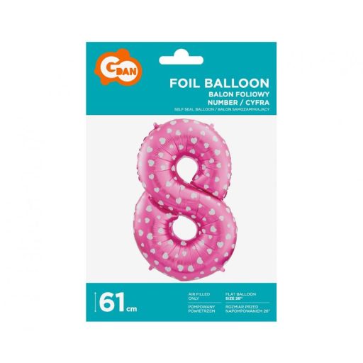 Rózsaszín Pink with Hearts 8-as szám fólia lufi 61 cm