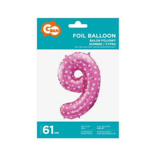 Rózsaszín Pink with Hearts 9-es szám fólia lufi 61 cm