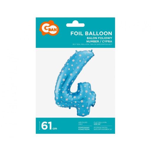Kék Blue with Stars 4-es szám fólia lufi 61 cm