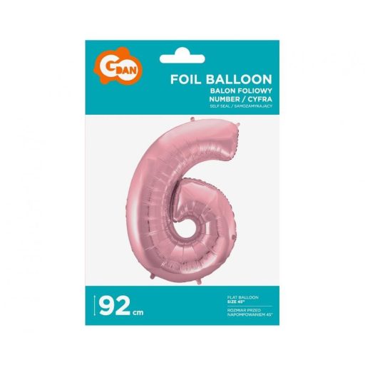 Rózsaszín Light Pink 6-os szám fólia lufi 92 cm