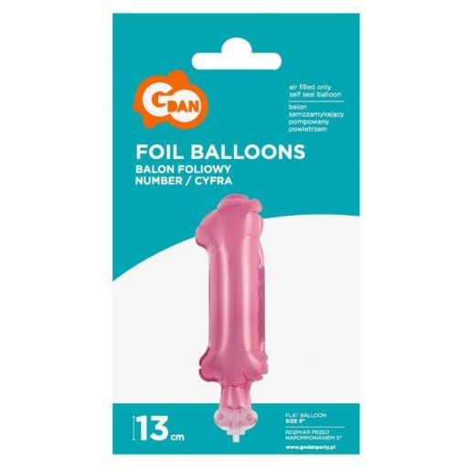 Rózsaszín 1-es Pink szám fólia lufi tortára 13 cm
