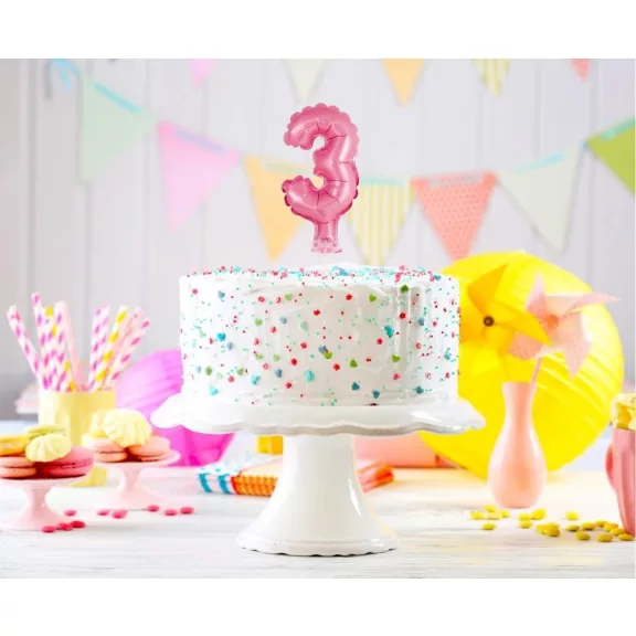 Rózsaszín 3-as Pink szám fólia lufi tortára 13 cm