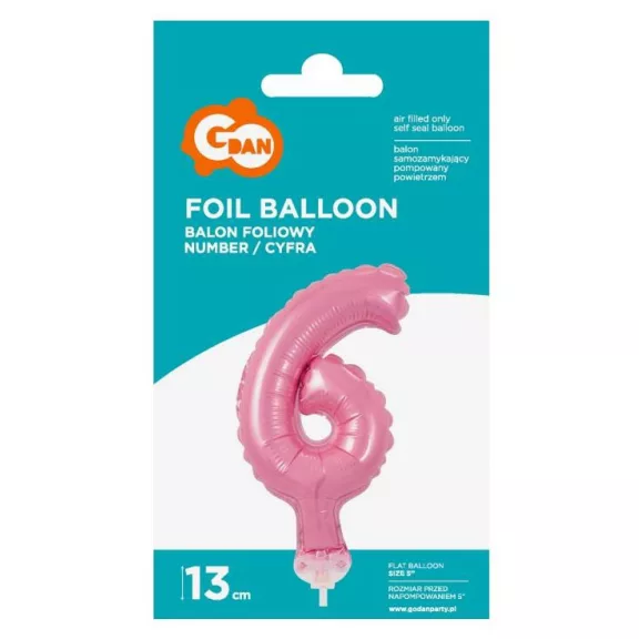 Rózsaszín 6-os Pink szám fólia lufi tortára 13 cm