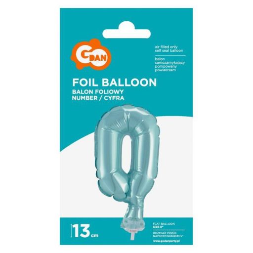 Kék 0-ás Light Blue szám fólia lufi tortára 13 cm