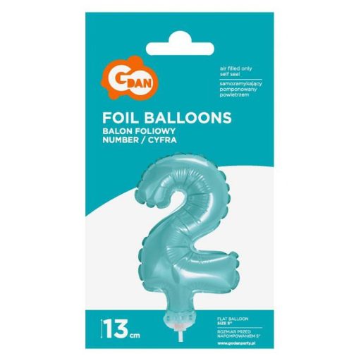 Kék 2-es Light Blue szám fólia lufi tortára 13 cm
