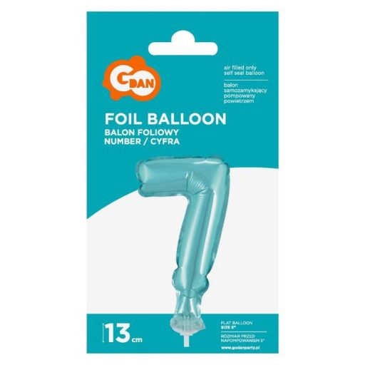 Kék 7-es Light Blue szám fólia lufi tortára 13 cm