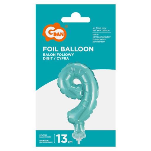 Kék 9-es Light Blue szám fólia lufi tortára 13 cm