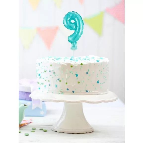 Kék 9-es Light Blue szám fólia lufi tortára 13 cm