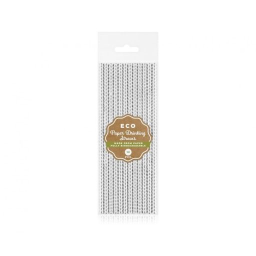 Ezüst Silver Chevron papír szívószál 12 db-os