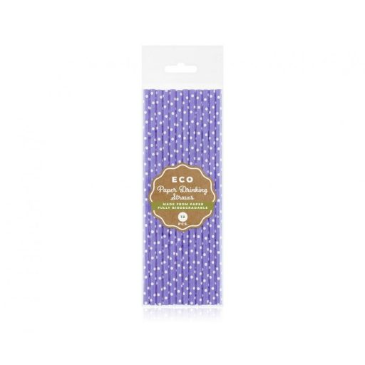 Lila Purple Dots papír szívószál 12 db-os