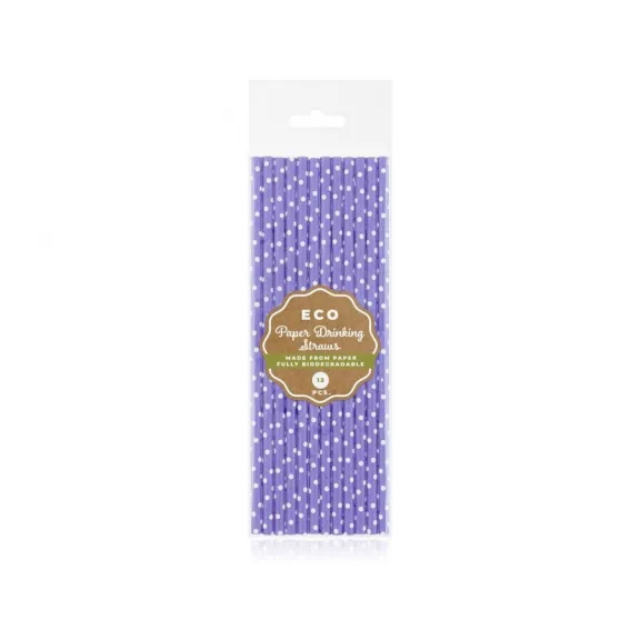 Lila Purple Dots papír szívószál 12 db-os