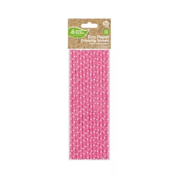 Rózsaszín Pink Dots papír szívószál 12 db-os