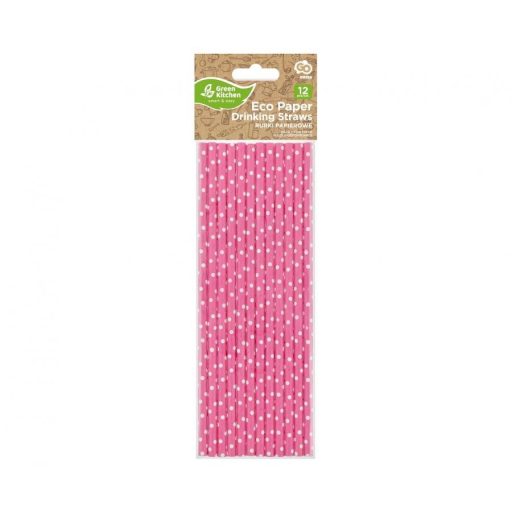 Rózsaszín Pink Dots papír szívószál 12 db-os