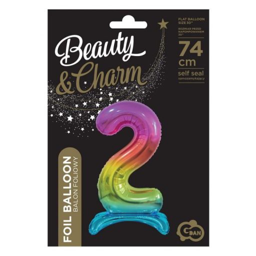 Színes Rainbow 2-es szám fólia lufi talppal 74 cm