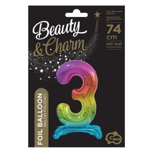Színes Rainbow 3-as szám fólia lufi talppal 74 cm