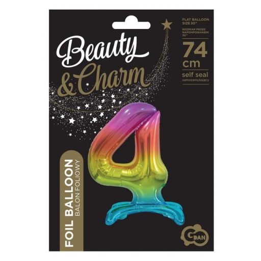 Színes Rainbow 4-es szám fólia lufi talppal 74 cm