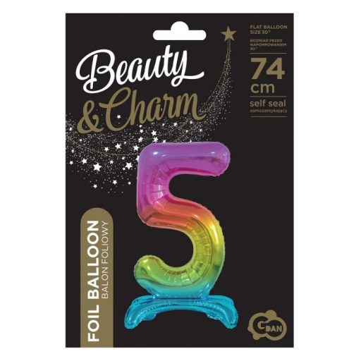 Színes Rainbow 5-ös szám fólia lufi talppal 74 cm