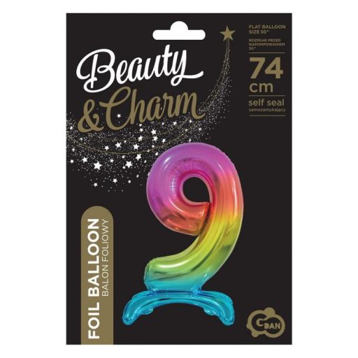 Színes Rainbow 9-es szám fólia lufi talppal 74 cm
