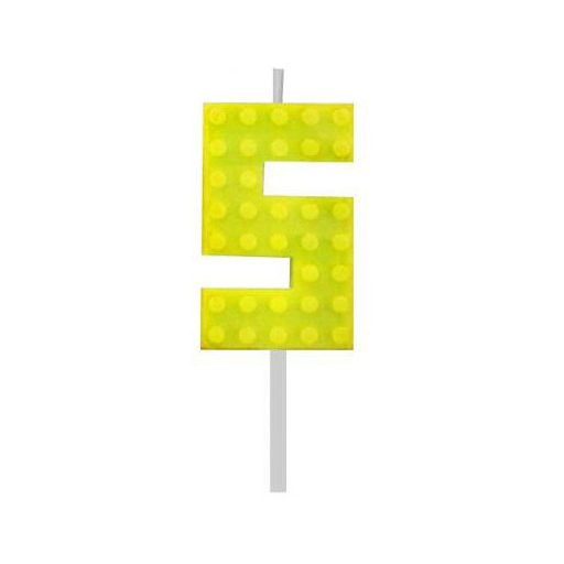 Építőkocka 5-ös Yellow Blocks tortagyertya, számgyertya