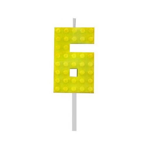 Építőkocka 6-os Yellow Blocks tortagyertya, számgyertya