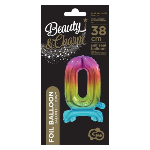 Színes Rainbow mini 0-ás szám fólia lufi talppal 38 cm