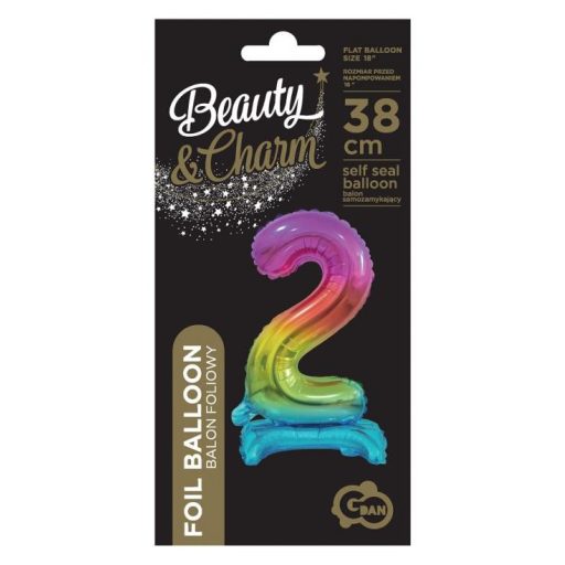Színes Rainbow mini 2-es szám fólia lufi talppal 38 cm