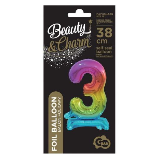 Színes Rainbow mini 3-as szám fólia lufi talppal 38 cm