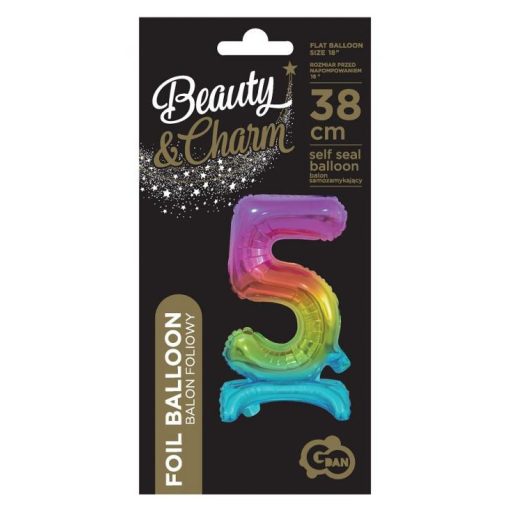 Színes Rainbow mini 5-ös szám fólia lufi talppal 38 cm