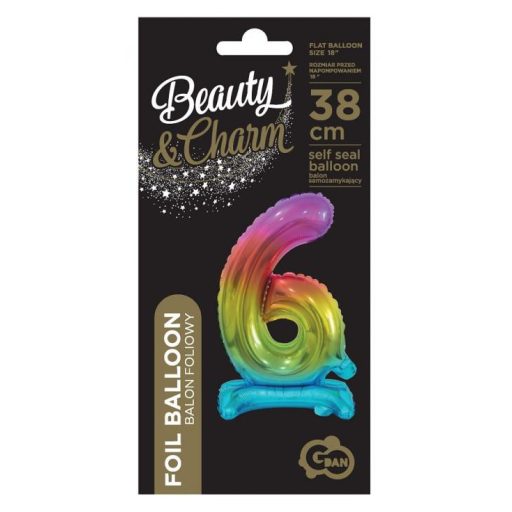 Színes Rainbow mini 6-os szám fólia lufi talppal 38 cm