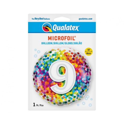 Színes 9-es Rainbow Confetti szám fólia lufi 46 cm