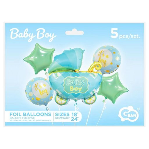 Kék babakocsi Carriage Blue fólia lufi 5 db-os szett