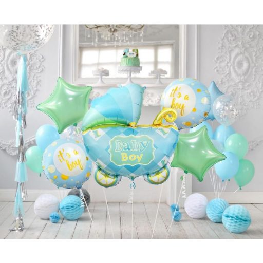 Kék babakocsi Carriage Blue fólia lufi 5 db-os szett