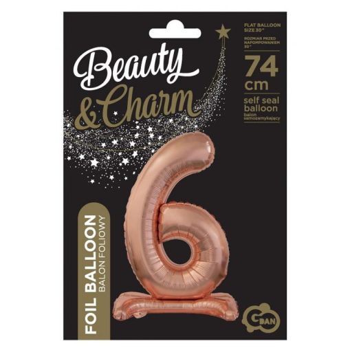 Rose Gold 6-os szám fólia lufi talppal 74 cm