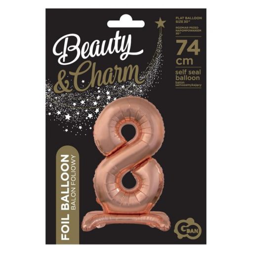 Rose Gold 8-as szám fólia lufi talppal 74 cm