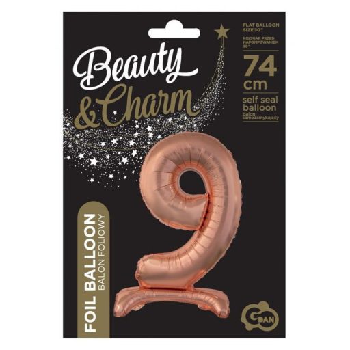 Rose Gold 9-es szám fólia lufi talppal 74 cm