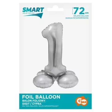 Ezüst 1-es Silver szám fólia lufi talppal 72 cm