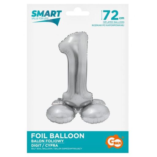 Ezüst 1-es Silver szám fólia lufi talppal 72 cm