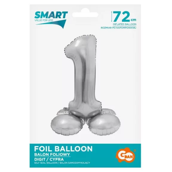 Ezüst 1-es Silver szám fólia lufi talppal 72 cm