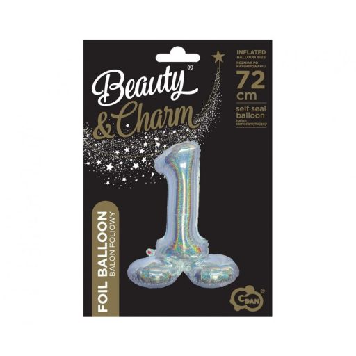 Ezüst Holographic Silver 1-es szám fólia lufi talppal 72 cm