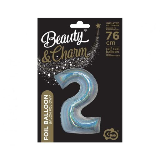 Ezüst Holographic 2-es szám fólia lufi 76 cm